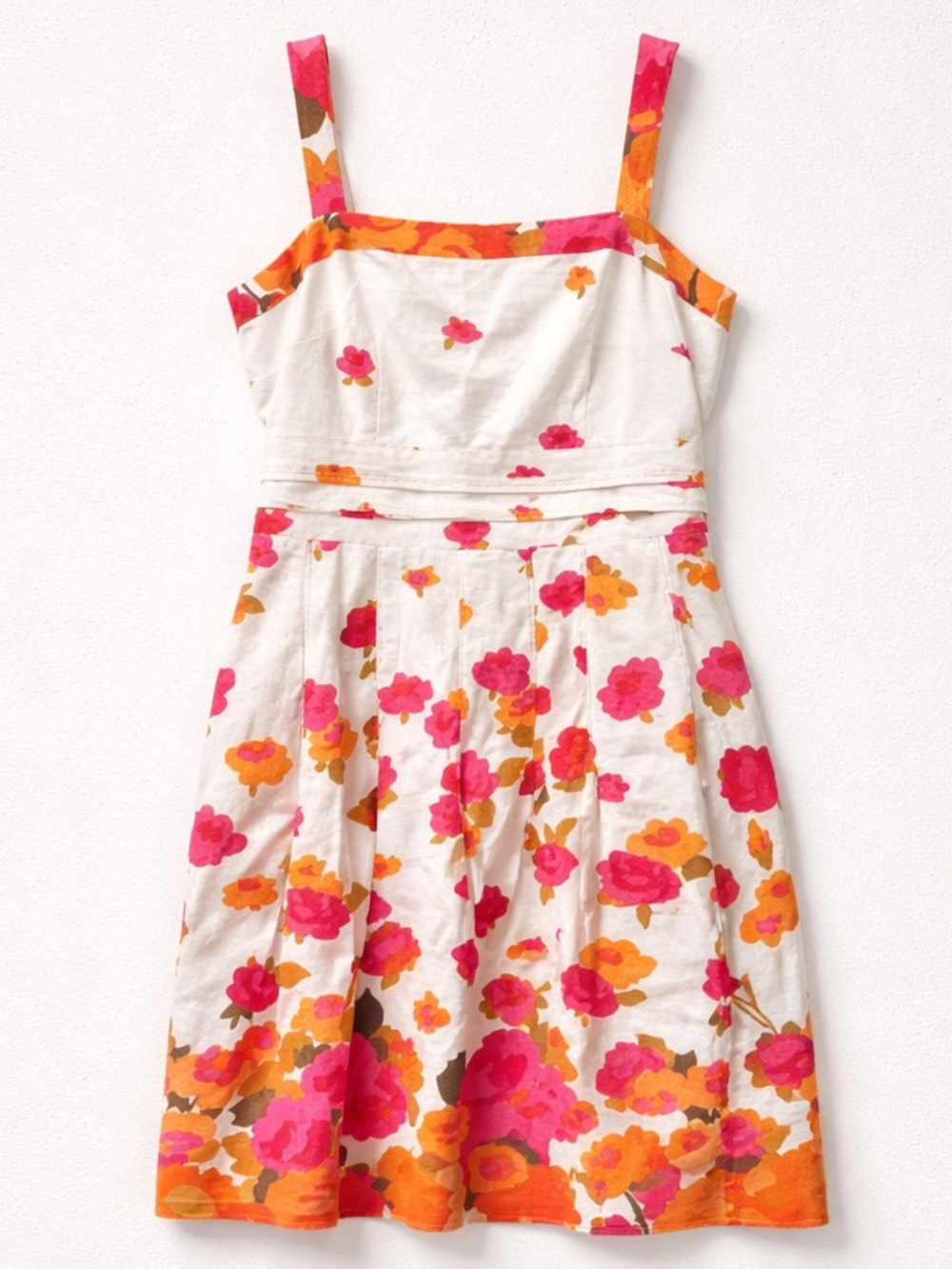 Adrianna Papell Linen Square Neck Floral Midi Dress Pockets Thick Straps Sz 14 - Picture 1 of 11